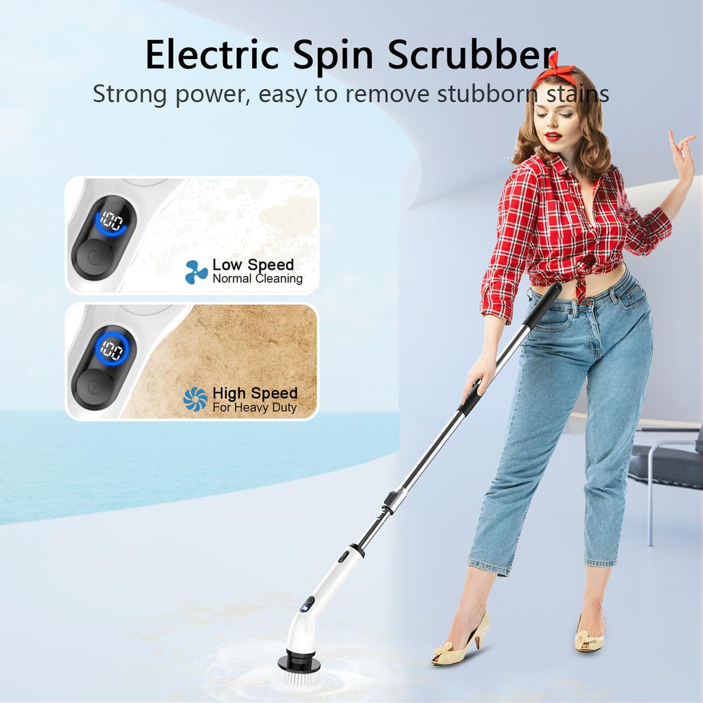 Electric Spin Scrubber, Full-Body IPX7 Waterproof Bathroom Scrubber with Power LCD Display, Adjustable Extension Handle, Cordless Shower Cleaner Brush for Bathtub Kitchen Wall Cleaning