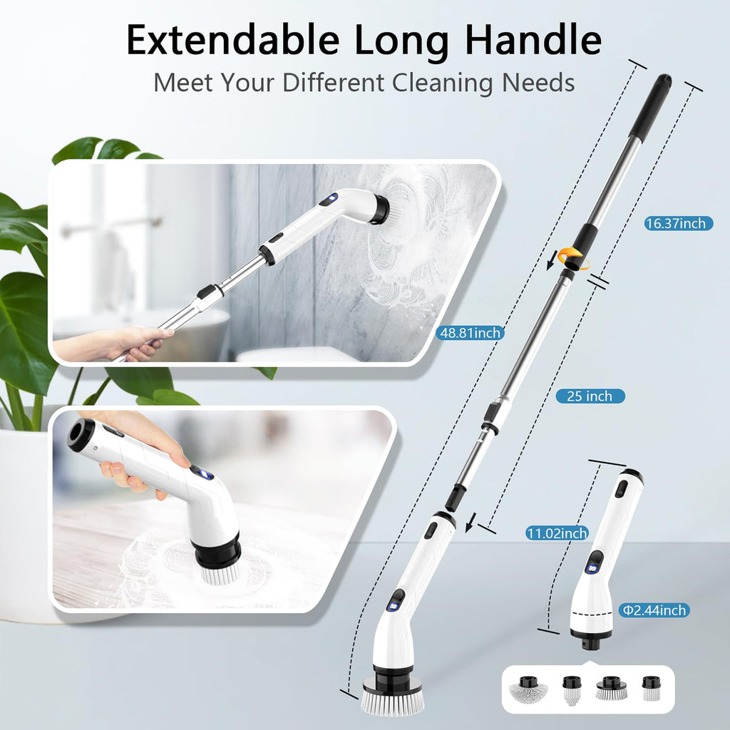 Electric Spin Scrubber, Full-Body IPX7 Waterproof Bathroom Scrubber with Power LCD Display, Adjustable Extension Handle, Cordless Shower Cleaner Brush for Bathtub Kitchen Wall Cleaning